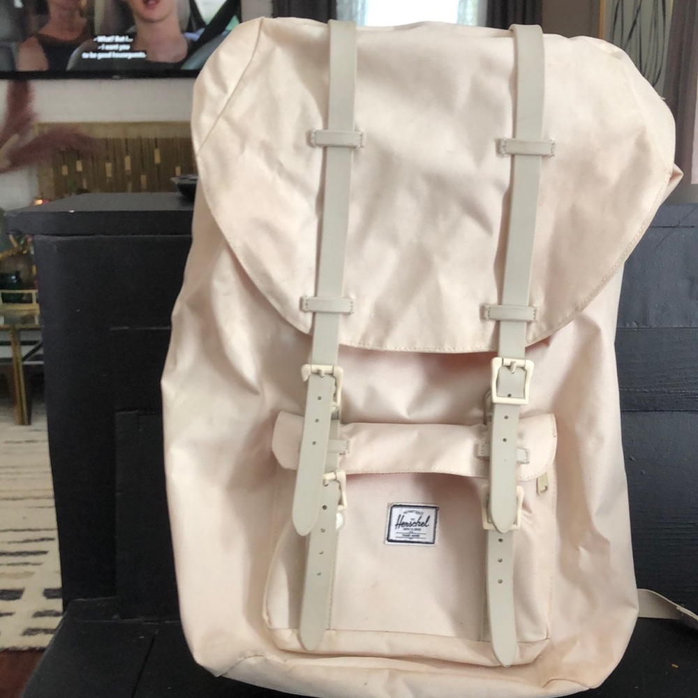 Herschel canvas bookbag with laptop compartment red & white pinstripe interior